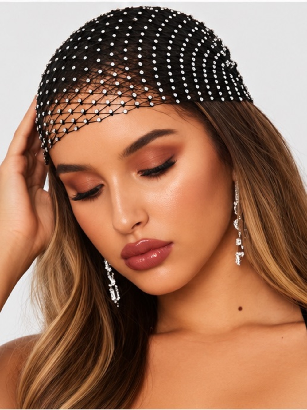 Black Rhinestone Net Beaded Head Scarf